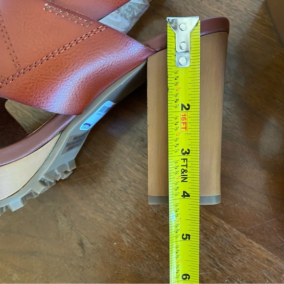 New Chunky Heel Sandel 9.5 Stacked Block Cognac Brown Strap Comfort Retro - Picture 10 of 11